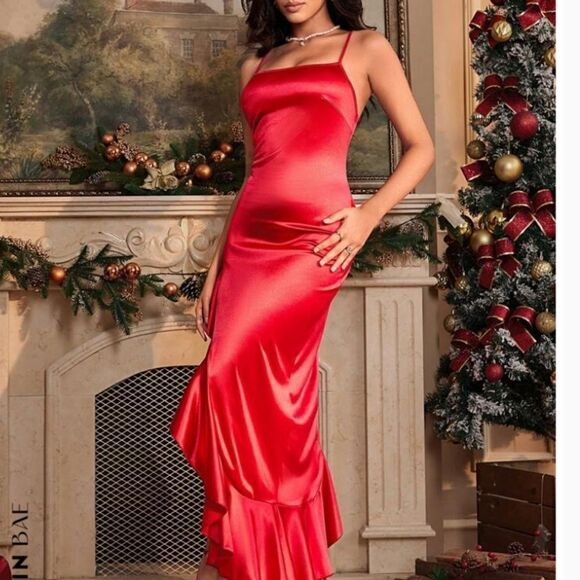 BRAND NEW CRYSTAL DOLL  BAE RUFFLE HEM SATIN SLEEVELESS DRESS - Picture 16 of 16